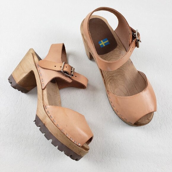 MIA Greta Swedish Clog Sandal Women 5.5-6 EU 36 Tan Leather Platform Chunky Shoe - Picture 1 of 11